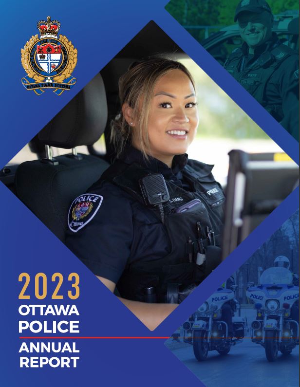 Cover of the 2023 Annual Report with a photo of a police officer in her patrol vehicle